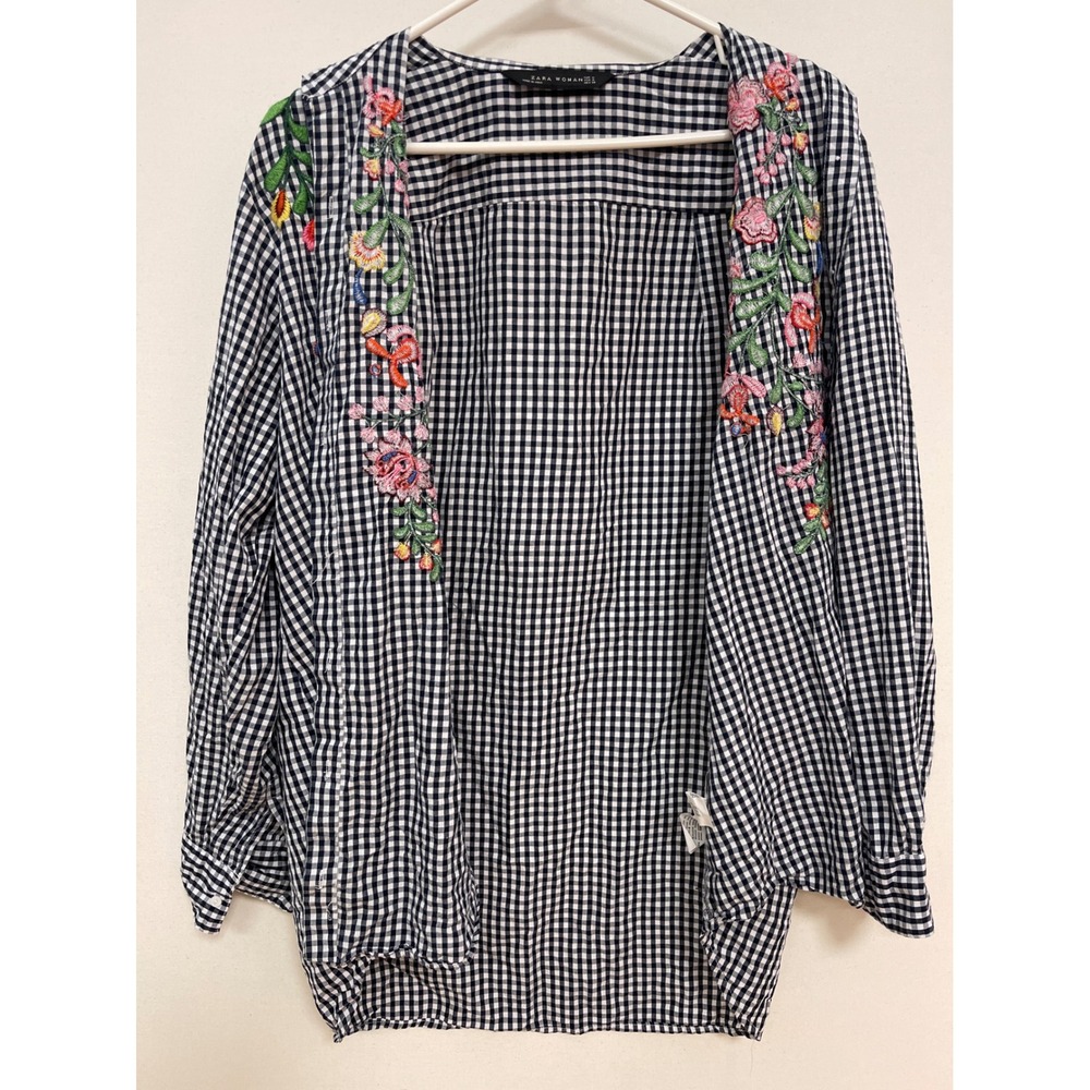 Zara Woman Navy Gingham Floral Embroidered Button Up Shirt Blouse Medium